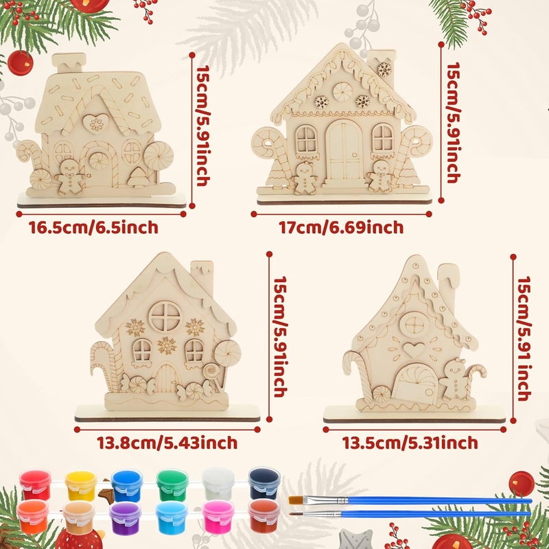 DoubleFill 24 Set DIY Wood Christmas Gingerbread House Paint Craft Kit Unpainted Ceramics Plaster Keepsake with Painting Set for Christmas Holiday Party DIY Art Project Decoration Paint Brushes - Image 2